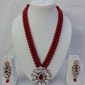 Indian Pakistani beautiful beads stone golden cherry red  necklace earring #676